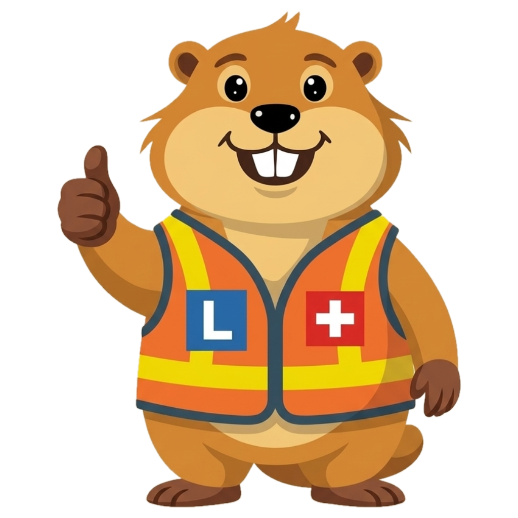 Murmeli, das lächelnde MURMELI-Maskottchen mit oranger Warnweste